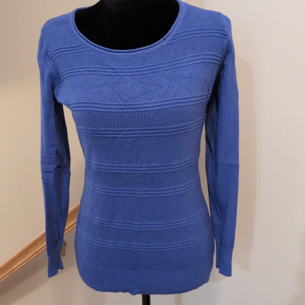 Vila Milano Blue Textured Pointelle Knit Pullover Sweater Scoop Neck Small